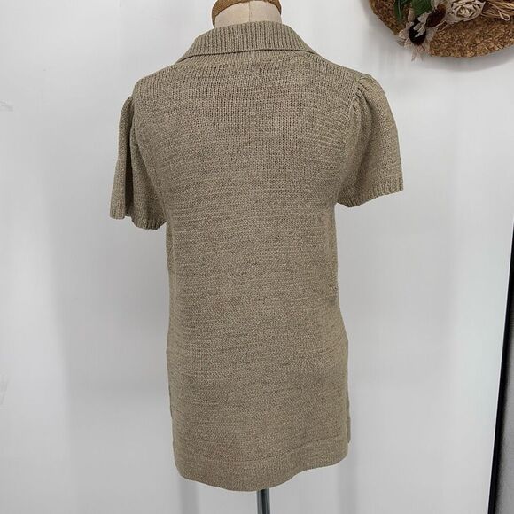 August Silk Collared Short Sleeve Knit Tunic Top Beige M - Picture 3 of 13